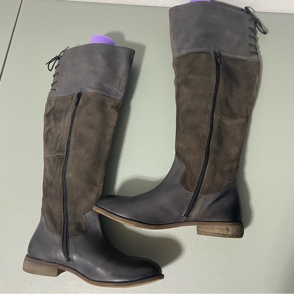 Roan Natty Burnished Riding Boots Leather Women 8.5 Gray/Brown Tall Lace Calf - Picture 7 of 12